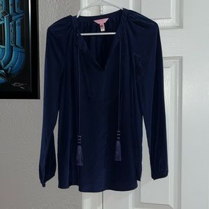 EUC Lilly Pulitzer Silk Long Sleeve Blouse Size Small Navy